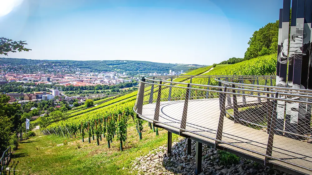 Aussichtplattform mit Blick auf die Weinberge am Stein und die im Tal gelegene Stadt Würzburg