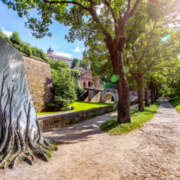 Im Vordergrund Bauerkriegsdenkmal umgeben von zahlreichen Bäumen. Im Hintergrund Festung Marienberg