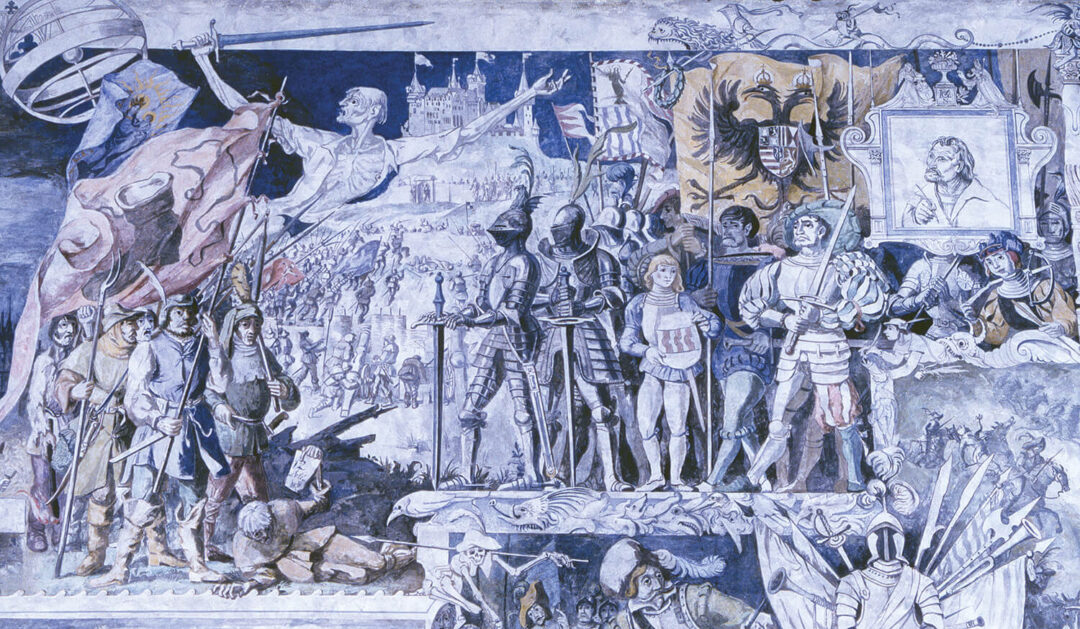 Gemälde von Wolfgang Lenz zum Bauernkrieg in Würzburg. Ein bäuerliches Heer steht einen Ritterheer gegenüber. Im Hintergrund Festung Marienberg