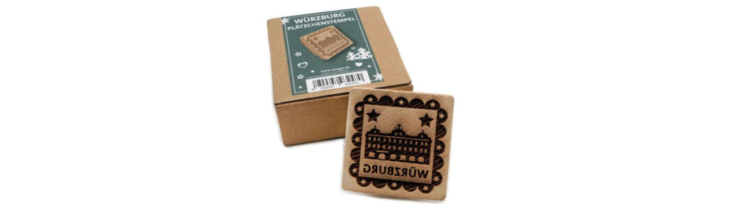 Stempel aus Holz mit Motiv des Würzburger Falkenhauses zum dekorieren von Keksen und Plätzchen